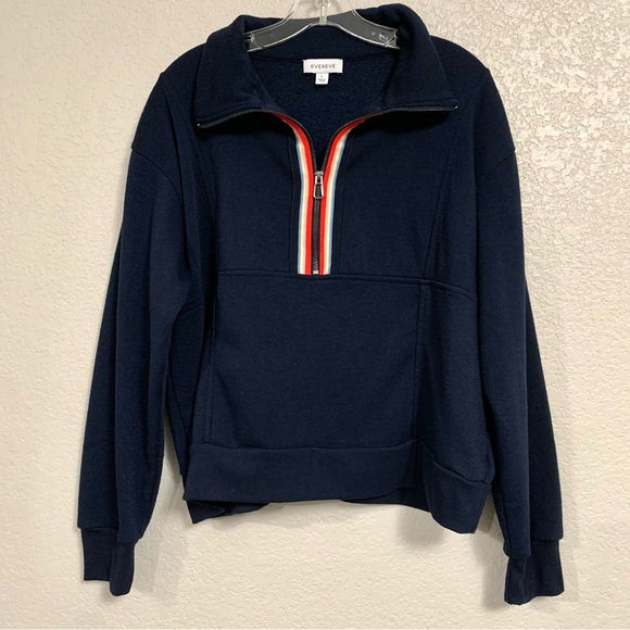 Evereve Sweatshirt Women L Chelsea Half Zip Striped Trim Preppy Sporty Navy - Picture 3 of 16